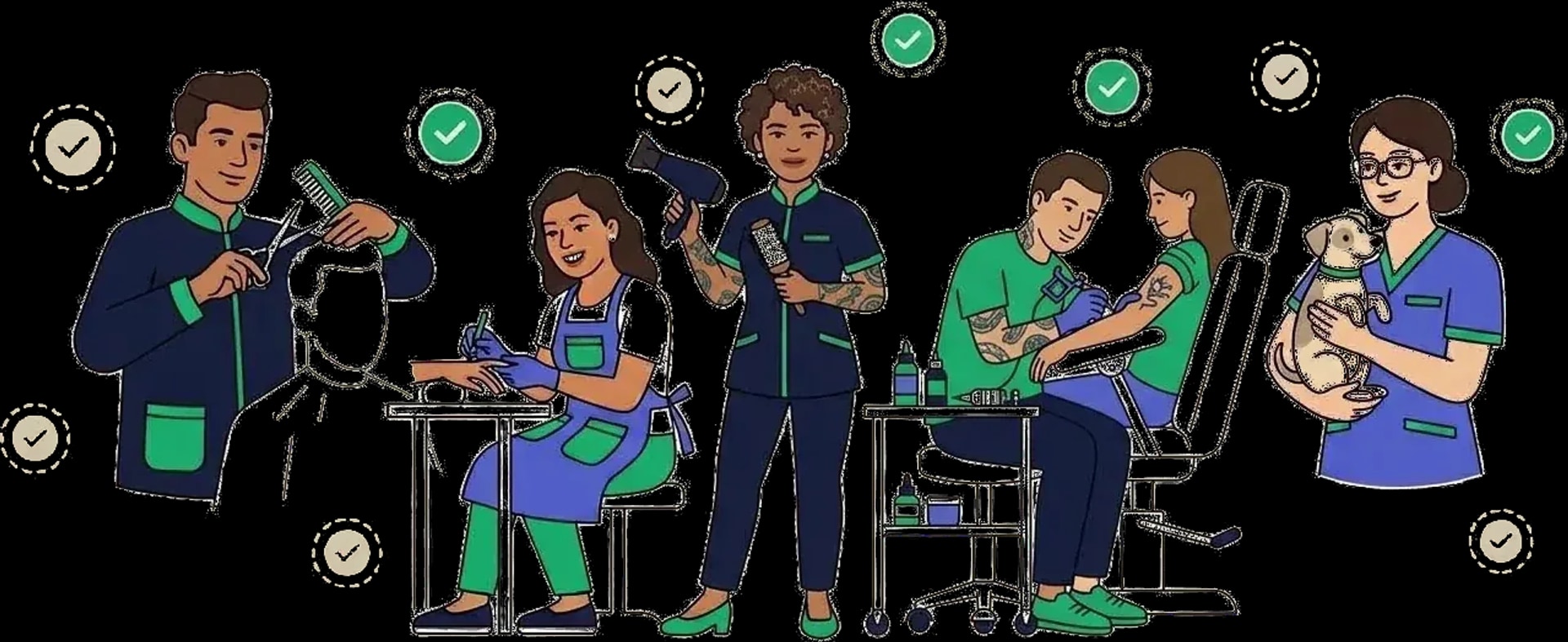 Barbero, manicurista, estilista, tatuador y veterinaria atendiendo a sus clientes, con citas confirmadas